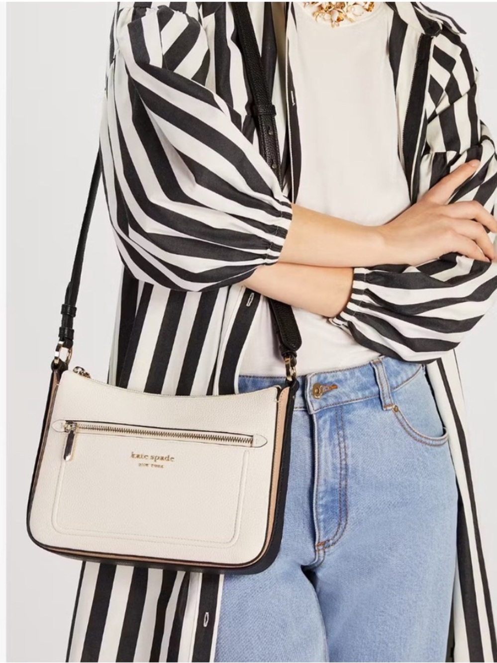 kate spade Hudson colorblocked cream Pebbled Leather Crossbody with black & tan